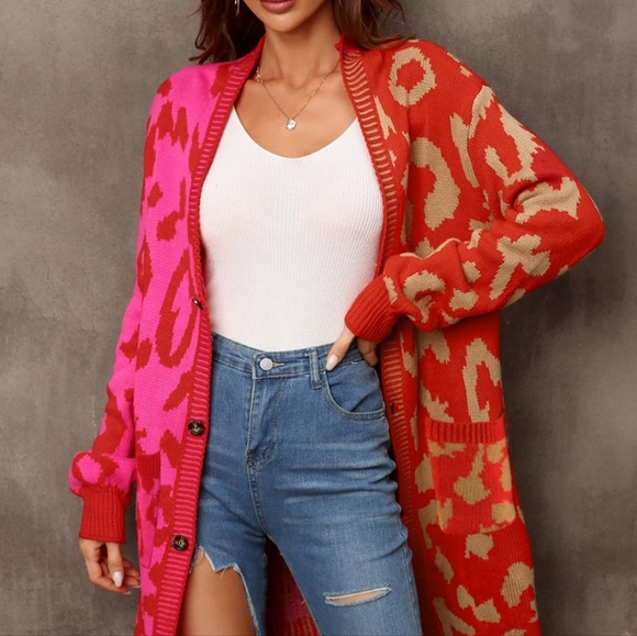 Red Leopard Button Down Cardigan - Picture 3 of 8